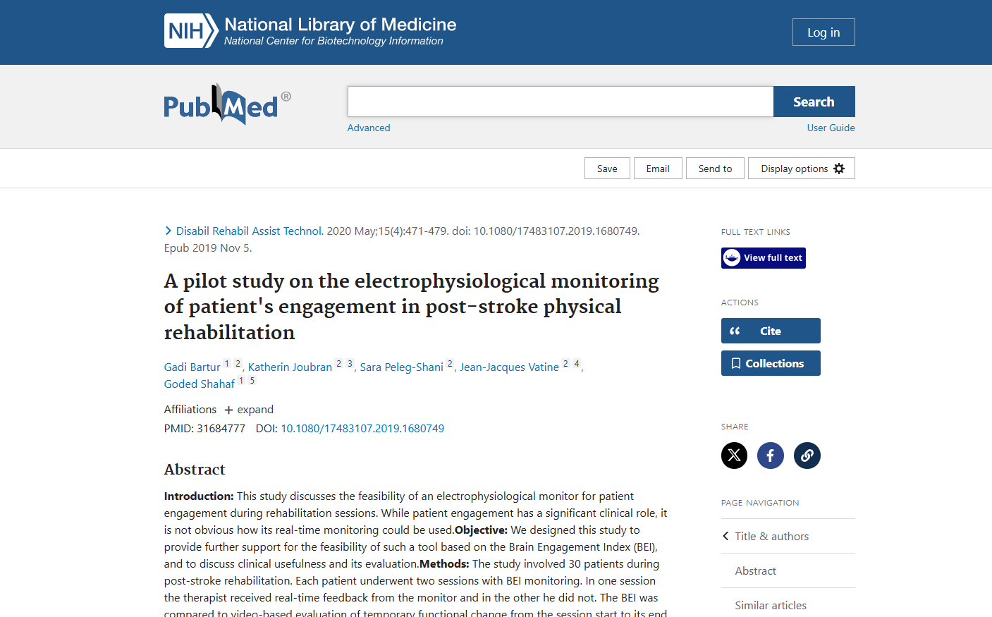 A pilot study on the electrophysiological monitoring of patient's engagement in post-stroke physical rehabilitation