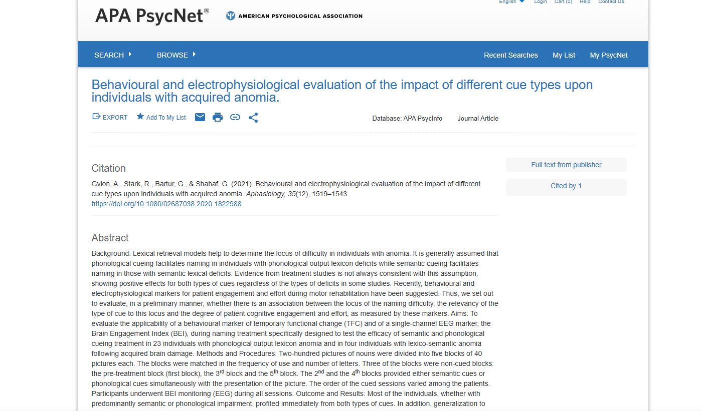 Behavioural and electrophysiological evaluation of the impact of different cue types upon individuals with acquired anomia